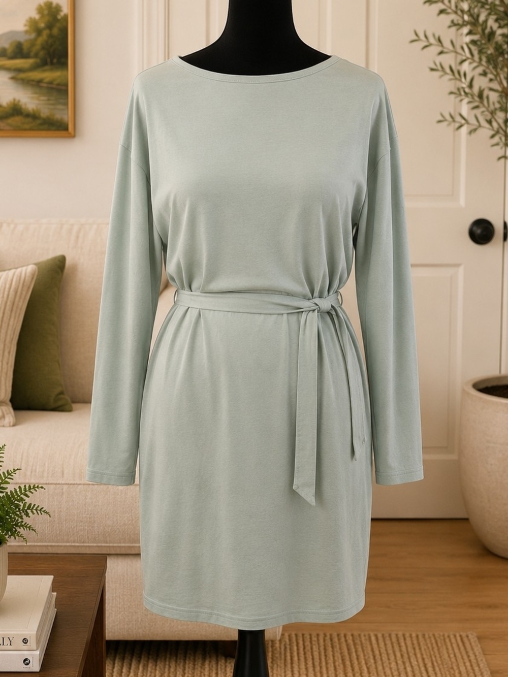 Prettygarden Sage Green Long Sleeve Belted Dress – Size Small
